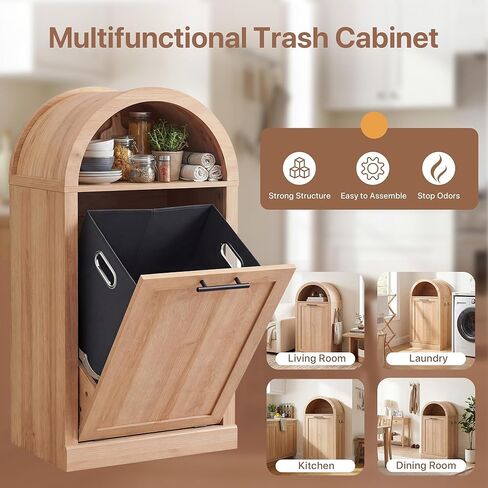 Seang Arched Tilt-Out Trash Can Cabinet,Laundry Hamper Cabinet with Foldable Laundry Basket,Wooden Hidden Garbage Can Cabinets with Metal Handle & Hooks,Natural in Saudi Arabia