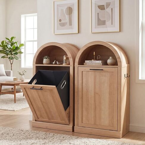 Seang Arched Tilt-Out Trash Can Cabinet,Laundry Hamper Cabinet with Foldable Laundry Basket,Wooden Hidden Garbage Can Cabinets with Metal Handle & Hooks,Natural in Saudi Arabia