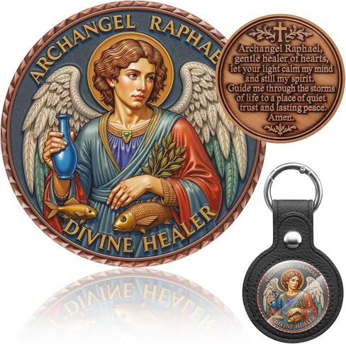 St Raphael Archangel Challenge Coin 3D Engraved Saint Raphael Archangel Medal Keychain with Leather Coin Holder in Kuwait