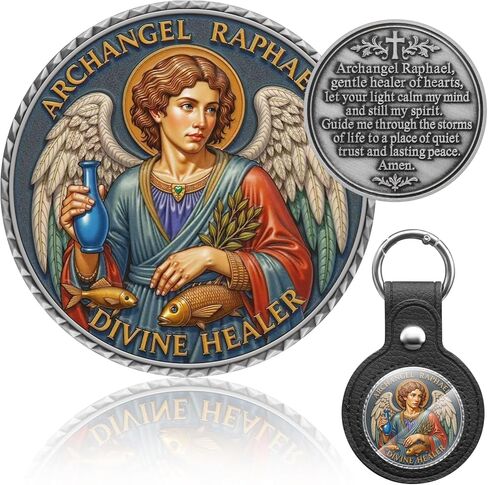 St Raphael Archangel Challenge Coin 3D Engraved Saint Raphael Archangel Medal Keychain with Leather Coin Holder in Kuwait