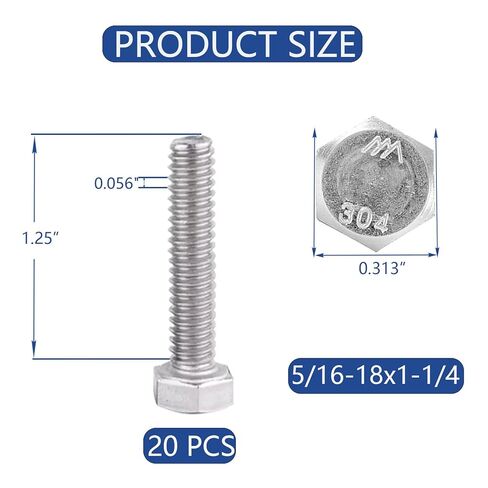 5/16-18 x 1-1/4" Hex Head Screw Bolt (20PCS), Lock Nuts,Flat & Lock Washers Kits,304 Stainless Steel 18-8,Fully Threaded.) in Kuwait