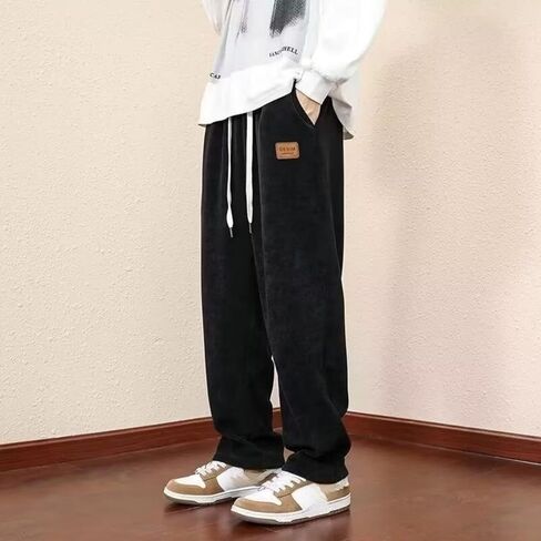 Men's Corduroy Sweatpants with Pockets & Leather Patch, Loose Casual Straight-Leg Pants, Soft Durable Pants for Casual Wear in Saudi Arabia
