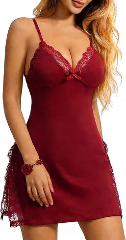 Women's Sexy Lingerie for Women Sexy Nightgown Lace Trim Sleep Dress with Side Slit Night Gowns Soft Loungewear Sleepwear in Saudi Arabia