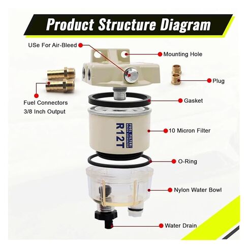 1 قطعة فلتر الوقود R12T فاصل الوقود/الماء محرك فلتر التجميع الكامل in Kuwait