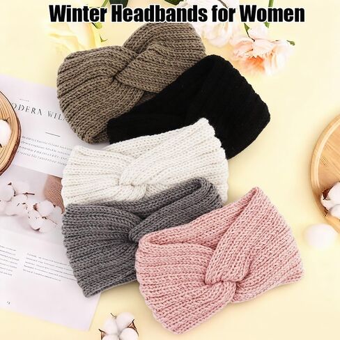 TODDER 5 قطع عصابات رأس شتوية متماسكة للنساء، عصابات رأس سميكة وناعمة لتدفئة الأذن للنساء في الطقس البارد (أبيض جملي بورجوندي أزرق أسود) in Kuwait