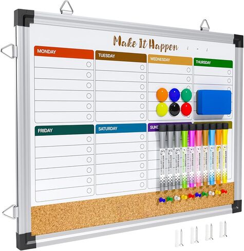 Weekly Calendar Whiteboard and Cork Board Combo for Wall, 17"x13" Reversible Hanging Dry Erase Board, Double Sided White Board with Aluminum Frame for Planning, Office, Kitchen, School, Home in Kuwait