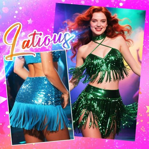 تنورة Latious Carnival باللون الأزرق الفاتح مُزينة بالترتر بشراشيب سباركلي للرقص الشرقي تنورة حورية البحر للنساء in Saudi Arabia