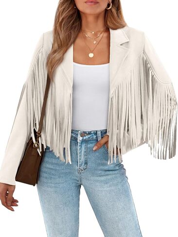 LILLUSORY Womens Cropped Fringe Faux Suede Leather Fall Jackets Western Cowgirl Country Concert Outfits in Saudi Arabia