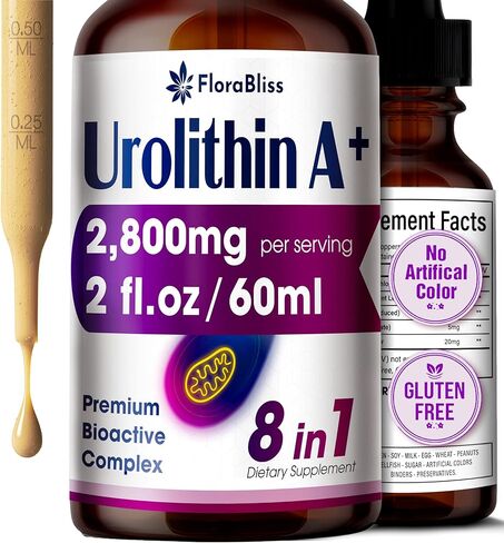 FloraBliss Urolithin A Supplement 2800 mg Liquid Drops | with Trans-Resveratrol, Collagen Peptides, Pomegranate Extract, Hyaluronic Acid, Vitamin E & C | 60ml |30-Day Supply in Saudi Arabia