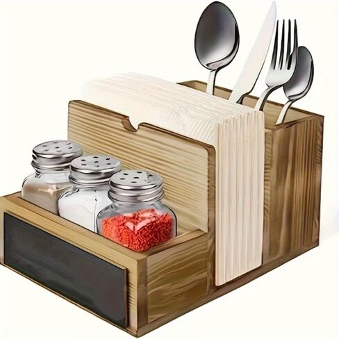 Napkin Holder for Table, Wooden Napkin Holder with Salt and Pepper Shakers Caddy, Rustic Napkin Holders Table Decor for Dining Table, Kitchen, Restaurant Seasoning Knife Fork Storage Box in Saudi Arabia