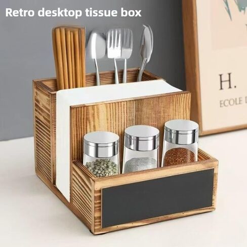 Napkin Holder for Table, Wooden Napkin Holder with Salt and Pepper Shakers Caddy, Rustic Napkin Holders Table Decor for Dining Table, Kitchen, Restaurant Seasoning Knife Fork Storage Box in Saudi Arabia