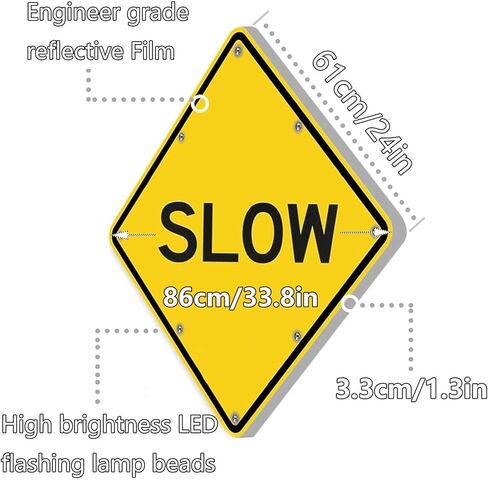 لافتة بطيئة مقاس 24 بوصة مع وظيفة الوميض التلقائي في الليل، علامة تحذير وامضة LED تعمل بالطاقة الشمسية، إطار معدني من الألومنيوم عالي التحمل مقاوم للصدأ (A، 60 سم/24 بوصة) in Kuwait