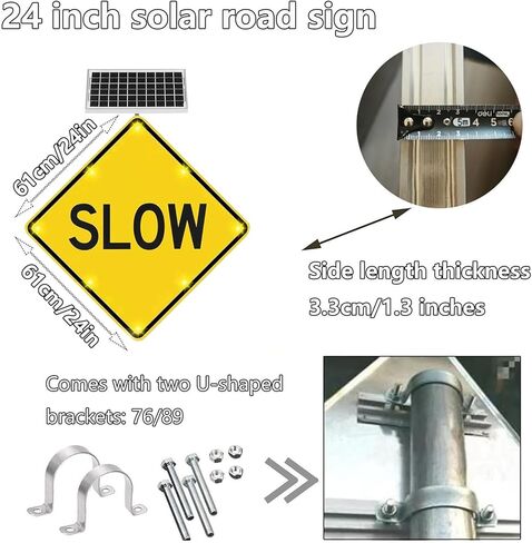 لافتة بطيئة مقاس 24 بوصة مع وظيفة الوميض التلقائي في الليل، علامة تحذير وامضة LED تعمل بالطاقة الشمسية، إطار معدني من الألومنيوم عالي التحمل مقاوم للصدأ (A، 60 سم/24 بوصة) in Kuwait