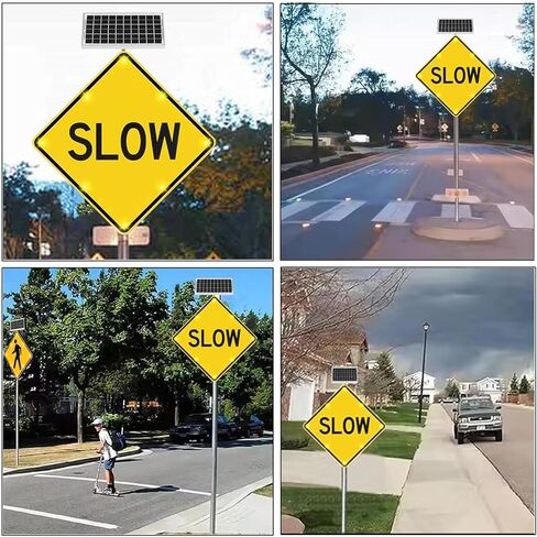 Solar Powered Flashing LED SLOW Sign, 24" Aluminum Road Warning Signs Traffic, With automatic flashing function at night + Engineering grade reflective film (A, 61CM/24IN) in Saudi Arabia