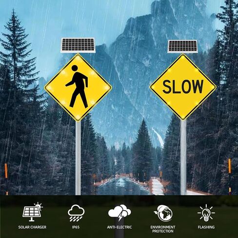Solar Powered Flashing LED SLOW Sign, 24" Aluminum Road Warning Signs Traffic, With automatic flashing function at night + Engineering grade reflective film (A, 61CM/24IN) in Saudi Arabia