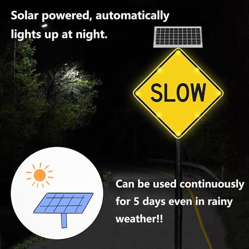 Solar Powered Flashing LED SLOW Sign, 24" Aluminum Road Warning Signs Traffic, With automatic flashing function at night + Engineering grade reflective film (A, 61CM/24IN) in Saudi Arabia