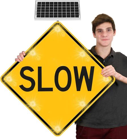 لافتة بطيئة LED وامضة مقاس 24 بوصة، طبقة عاكسة من الدرجة الهندسية، لافتة تحذير من حركة المرور في الشوارع تعمل بالطاقة الشمسية، سمك 1.3 بوصة، إطار معدني عالي التحمل مقاوم للصدأ (أ، 60 سم/24 بوصة) in Kuwait