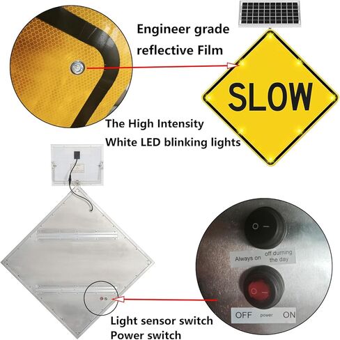 لافتة بطيئة LED وامضة مقاس 24 بوصة، طبقة عاكسة من الدرجة الهندسية، لافتة تحذير من حركة المرور في الشوارع تعمل بالطاقة الشمسية، سمك 1.3 بوصة، إطار معدني عالي التحمل مقاوم للصدأ (أ، 60 سم/24 بوصة) in Kuwait