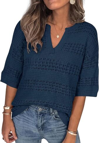 PRETTYGARDEN Womens Crochet Tops Dressy Casual Cotton Hollow Out Knit Short Sleeve Sweater for Women Summer Beach Cover Up in Saudi Arabia