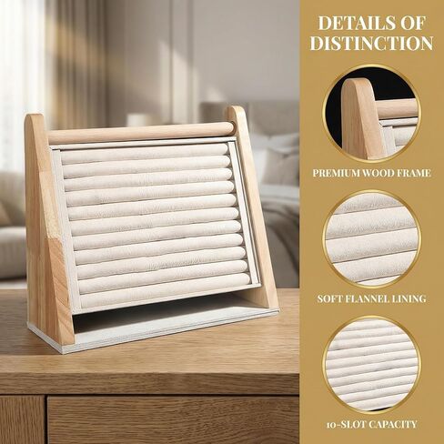 DYNWAVE Wooden Rings Display Stand Tray, 10 Slots Flannel Large Capacity Vertical Storage Holder for Studs Earrings Rings Show Retail Selling, Beige in Saudi Arabia