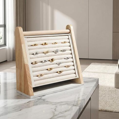 DYNWAVE Wooden Rings Display Stand Tray, 10 Slots Flannel Large Capacity Vertical Storage Holder for Studs Earrings Rings Show Retail Selling, Beige in Saudi Arabia