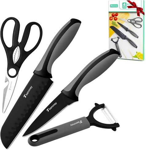 4-Pc Knife Set, 6 Inch Santoku Knife, 4 Inch Paring Knife, Kitchen Scissors, Y-Peeler, Anti-Rust Coating, Razor-Sharp, Stainless Steel Chef Knife Set, Perfect Gifts for Kitchen in Saudi Arabia