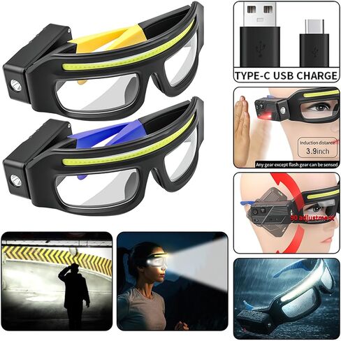 LED Glasses Rechargeable Headlight with Motion Sensor and Touch Control, 5 Modes USB C Lighted Glasses for Night Running,Camping, Fishing, Cycling, Hiking, Hands-Free Lighting (Yellow) in Saudi Arabia