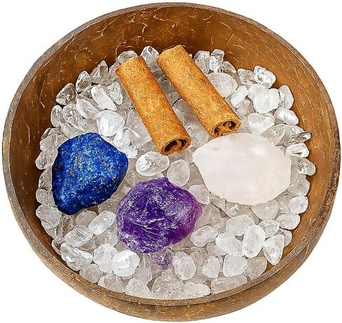 Crystal Cleansing Set with Coconut Bowl – Natural White Quartz Raw Stone, Crystal Chips & Cinnamon Sticks for Meditation, Energy Healing, and Spiritual Rituals in Saudi Arabia