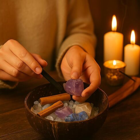 Crystal Cleansing Set with Coconut Bowl – Natural White Quartz Raw Stone, Crystal Chips & Cinnamon Sticks for Meditation, Energy Healing, and Spiritual Rituals in Saudi Arabia