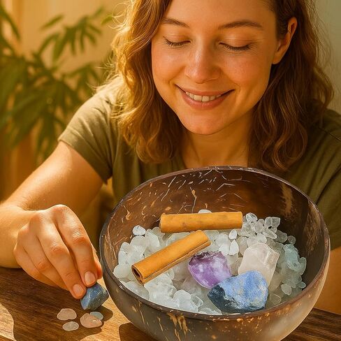 Crystal Cleansing Set with Coconut Bowl – Natural White Quartz Raw Stone, Crystal Chips & Cinnamon Sticks for Meditation, Energy Healing, and Spiritual Rituals in Saudi Arabia