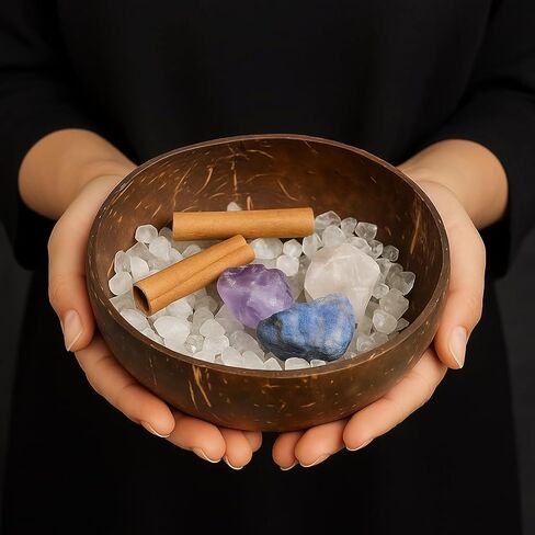 Crystal Cleansing Set with Coconut Bowl – Natural White Quartz Raw Stone, Crystal Chips & Cinnamon Sticks for Meditation, Energy Healing, and Spiritual Rituals in Saudi Arabia