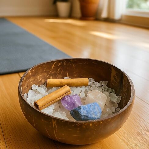 Crystal Cleansing Set with Coconut Bowl – Natural White Quartz Raw Stone, Crystal Chips & Cinnamon Sticks for Meditation, Energy Healing, and Spiritual Rituals in Saudi Arabia