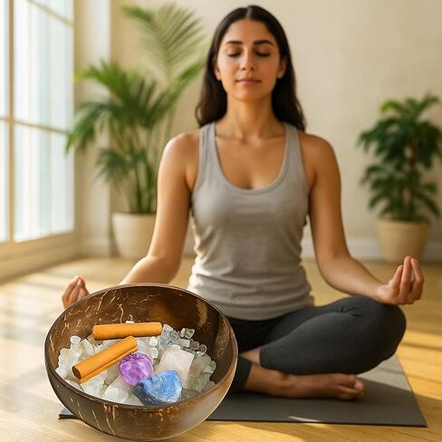 Crystal Cleansing Set with Coconut Bowl – Natural White Quartz Raw Stone, Crystal Chips & Cinnamon Sticks for Meditation, Energy Healing, and Spiritual Rituals in Saudi Arabia