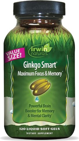 Irwin Naturals Ginkgo Smart الحد الأقصى للتركيز والذاكرة - مكمل للدماغ مع الجنكة بيلوبا، أسيتيل إل-كارنيتين، DMAE - كبسولات هلامية سائلة مع BioPerine® لامتصاص فائق - 120 قطعة (عبوتان) in Kuwait