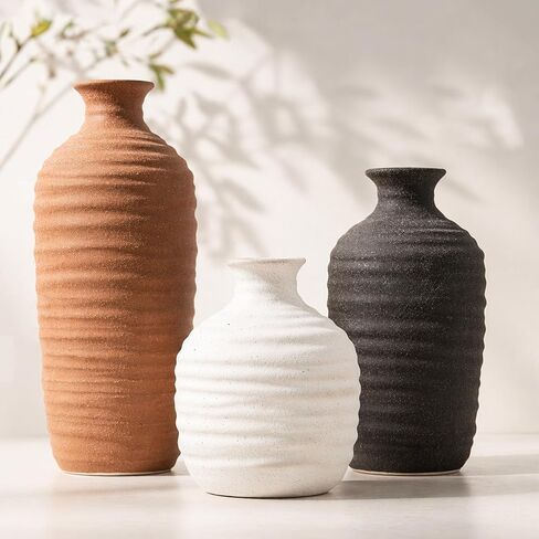 Ceramic Vase Set of 3 Neutral Decorative Vase for Farmhouse, Boho, or Rustic Home Decor Pottery Vases for Pampas Grass Living Room Bedroom Table Mantel Entryway Shelf (01-Brown) in Saudi Arabia