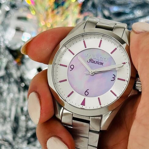 ساعات MULCO للنساء، Lady Ilusion، هيكل من الفولاذ المقاوم للصدأ مع سوار معصم من السيليكون، حركة كوارتز متعددة الوظائف، شاشة عرض تناظرية كبيرة للوجه مع أم اللؤلؤ والذهب الوردي - مقاومة للماء حتى 100 متر in Kuwait