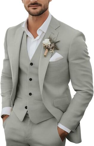 Men's 3 Piece Linen Suits Casual Lightweight Blazer Jackets Vest Pants Set for Wedding Business Prom Suit in Kuwait
