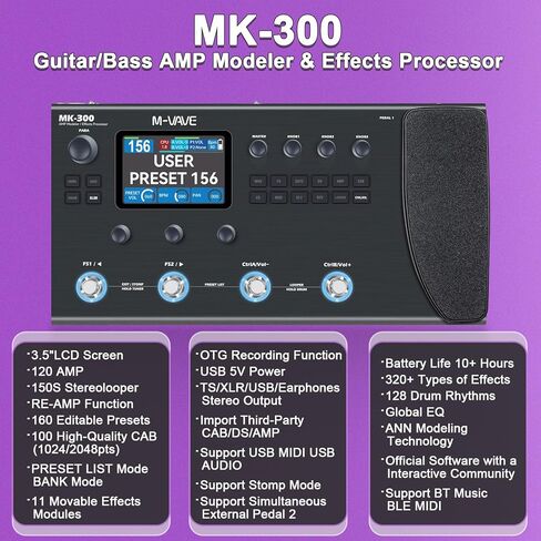 MK-300 غيتار وباس معالج تأثيرات الجيتار الكهربائي متعدد التأثيرات مع 320+ تأثيرات 120 أمبير نماذج Looper IR خزانة محاكاة لوحة دواسة المعالج متعدد التأثيرات للعيش والاستوديو والممارسة in Kuwait