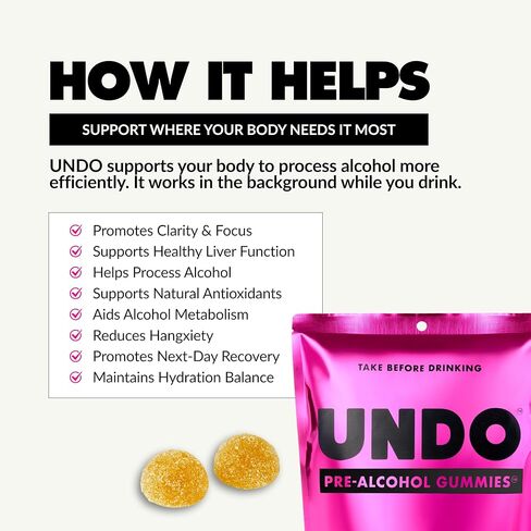 UNDO Gummies® Pre-Alcohol Gummies with DHM, Milk Thistle & Electrolytes | Scientifically-Backed Pre-Drink Supplement That Supports Liver Health & Hydration | Take While Drinking & Wake Up Feeling Great | 15 Servings in Saudi Arabia