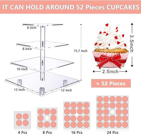 حامل كب كيك، حامل كب كيك من 4 طبقات لـ 50 كب كيك، برج كب كيك مربع الطبقات، حامل كب كيك من الأكريليك الشفاف، حوامل حلوى للحفلات، الزفاف، أعياد الميلاد، استحمام الطفل، الهالوين in Kuwait