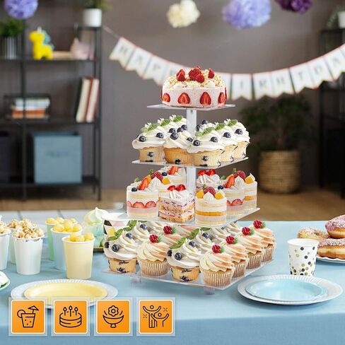 حامل كب كيك، حامل كب كيك من 4 طبقات لـ 50 كب كيك، برج كب كيك مربع الطبقات، حامل كب كيك من الأكريليك الشفاف، حوامل حلوى للحفلات، الزفاف، أعياد الميلاد، استحمام الطفل، الهالوين in Kuwait