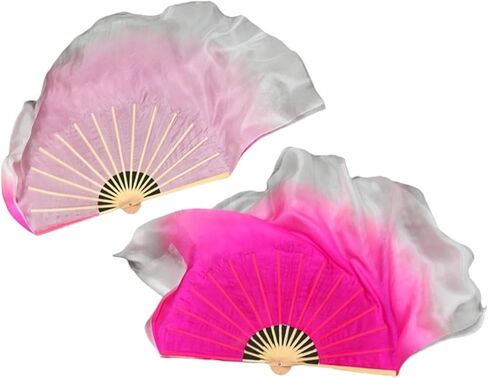Belly Dance Fans 1pair Short Silk Dance Fan Bamboo Half Circle Silk Two Sides Two Color Gradient(Blue,46cm(18 Inch)) in Saudi Arabia