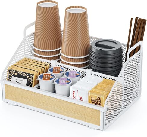 GSlife Coffee Station Organizer with Adjustable Dividers - Metal Mesh Countertop Accessories Organizer with Rustic Wood-Grain Front for Cups, Pods, Condiment, Syrup, Stirrers, Coffee Bar Decor, Black in Saudi Arabia
