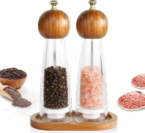 Acacia Wood Salt and Pepper Grinder Set with Base, Refillable Wooden Pepper & Salt Mill with Adjustable Ceramic Grinder for Kitchen & Dining,Durable Manual Salt Grinder in Saudi Arabia