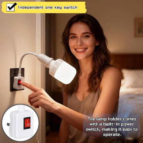 وصلة مقبس E26/E27 مكونة من قطعتين مع مفتاح تشغيل/إيقاف، محول مقبس إضاءة مرن بالكامل بزاوية 360 درجة، لا حاجة إلى أسلاك، جهاز كمبيوتر مثبط للهب، لغرفة النوم، والإضاءة الليلية، والجراج، والخزانة، وكاميرا المصباح in Kuwait