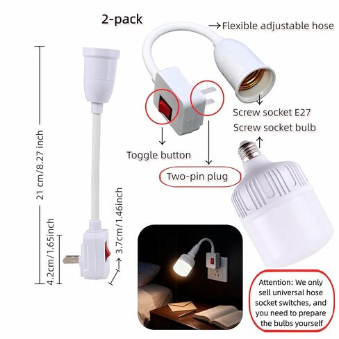 وصلة مقبس E26/E27 مكونة من قطعتين مع مفتاح تشغيل/إيقاف، محول مقبس إضاءة مرن بالكامل بزاوية 360 درجة، لا حاجة إلى أسلاك، جهاز كمبيوتر مثبط للهب، لغرفة النوم، والإضاءة الليلية، والجراج، والخزانة، وكاميرا المصباح in Kuwait