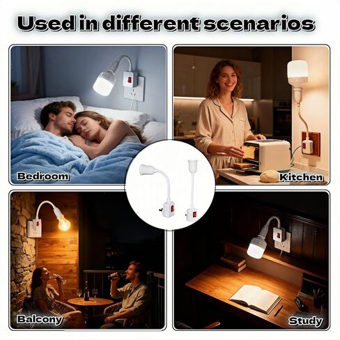 وصلة مقبس E26/E27 مكونة من قطعتين مع مفتاح تشغيل/إيقاف، محول مقبس إضاءة مرن بالكامل بزاوية 360 درجة، لا حاجة إلى أسلاك، جهاز كمبيوتر مثبط للهب، لغرفة النوم، والإضاءة الليلية، والجراج، والخزانة، وكاميرا المصباح in Kuwait