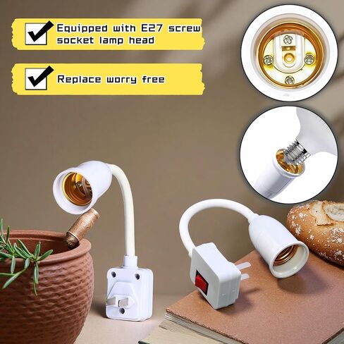وصلة مقبس E26/E27 مكونة من قطعتين مع مفتاح تشغيل/إيقاف، محول مقبس إضاءة مرن بالكامل بزاوية 360 درجة، لا حاجة إلى أسلاك، جهاز كمبيوتر مثبط للهب، لغرفة النوم، والإضاءة الليلية، والجراج، والخزانة، وكاميرا المصباح in Kuwait