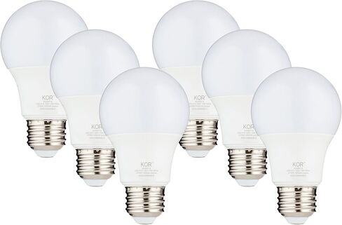 KOR 6 عبوات A19 لمبة إضاءة LED، ما يعادل 60 وات، 3000 كلفن أبيض ناعم، 800 لومن، مصابيح بديلة فعالة 9 وات مع قاعدة قياسية E26، 15000 ساعة عمر طويلة، غير قابلة للتعتيم، 80+ CRI، مدرج في قائمة UL in Kuwait