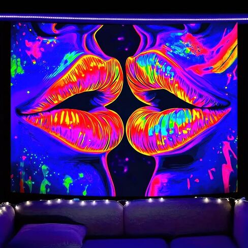 BlissYard Black Light Tapestry Lip Tapestry Glowing 78x59 Inch Home Living Room Bedroom Party Decor Photo Shoot Props Bedroom Neon Wallpaper Poster for University Dormitory in Saudi Arabia